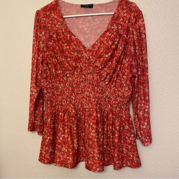 Lane Bryant micro Floral Print v Neck Peasant Prairie boho mesh Blouse red 14/16 - Picture 1 of 11